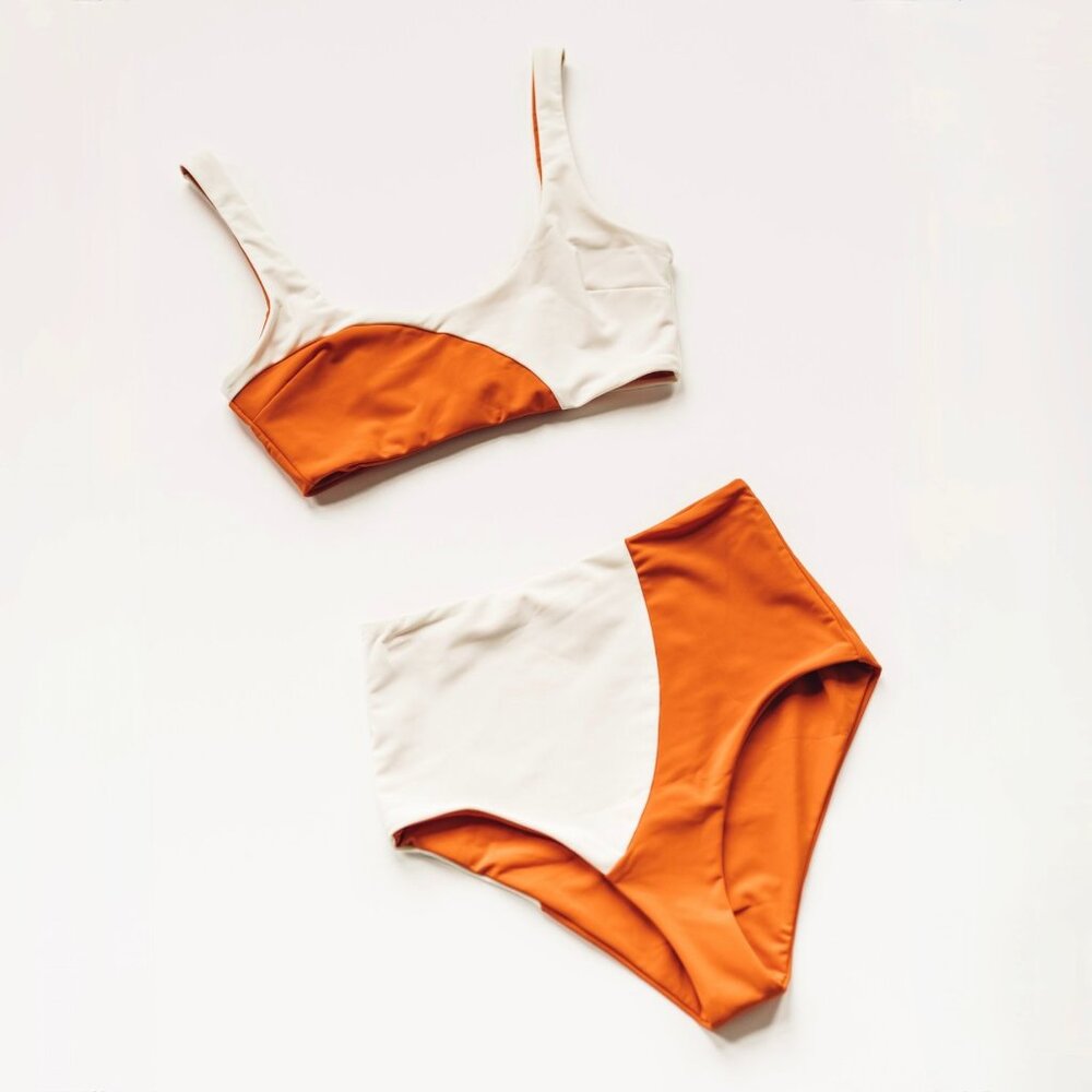 Mara Hoffman Two-Tone Orange and Cream High-Waist Bikini